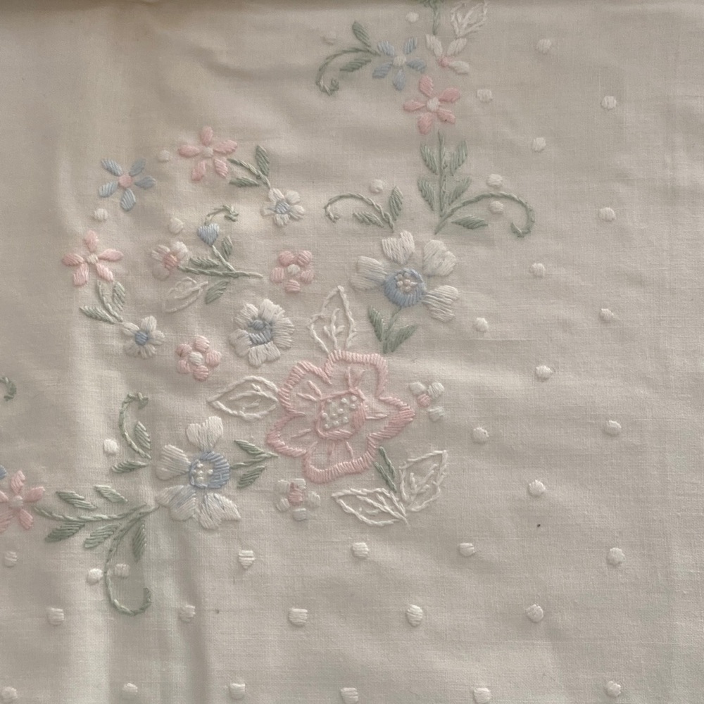 Antique handmade pillowcases Floral Embroidered Fabric white cottagecore